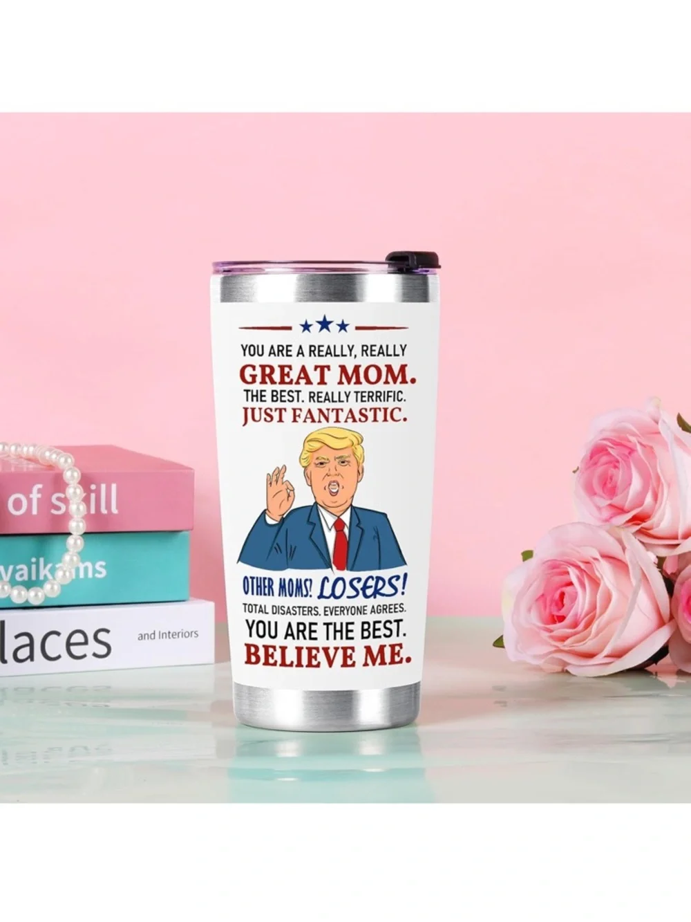 #1 Mom White Stainless Steel Tumbler with Patriotic Cartoon new